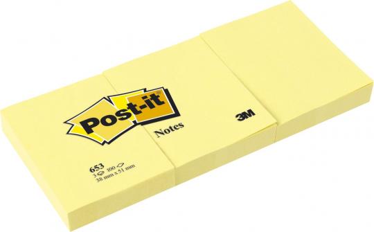 Post-it® Notes 653 Haftnotiz 38x51mm gelb 3x 100 Blatt 